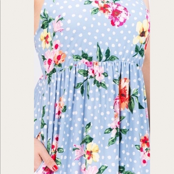 Floral Print Polka Dot Blue Maxi Dress 1X 2X 3X - Picture 6 of 8